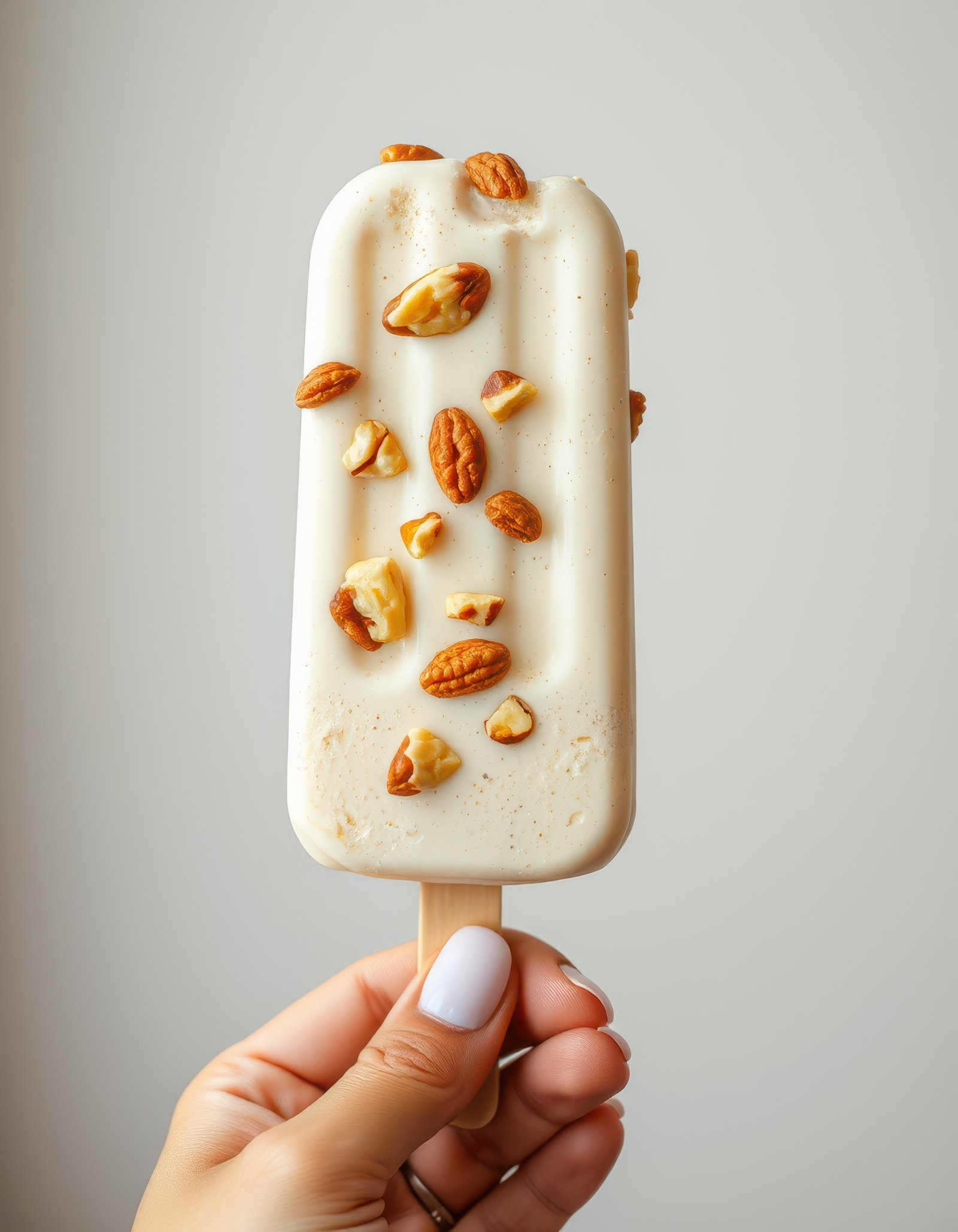 Delicious ice cream bar with nuts held by a hand against a neutral background